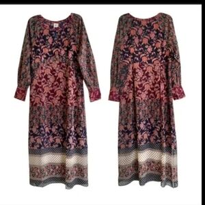 CABI Maxi Dress long flowy boho floral border print navy/pink/burgundy EUC Sz XS